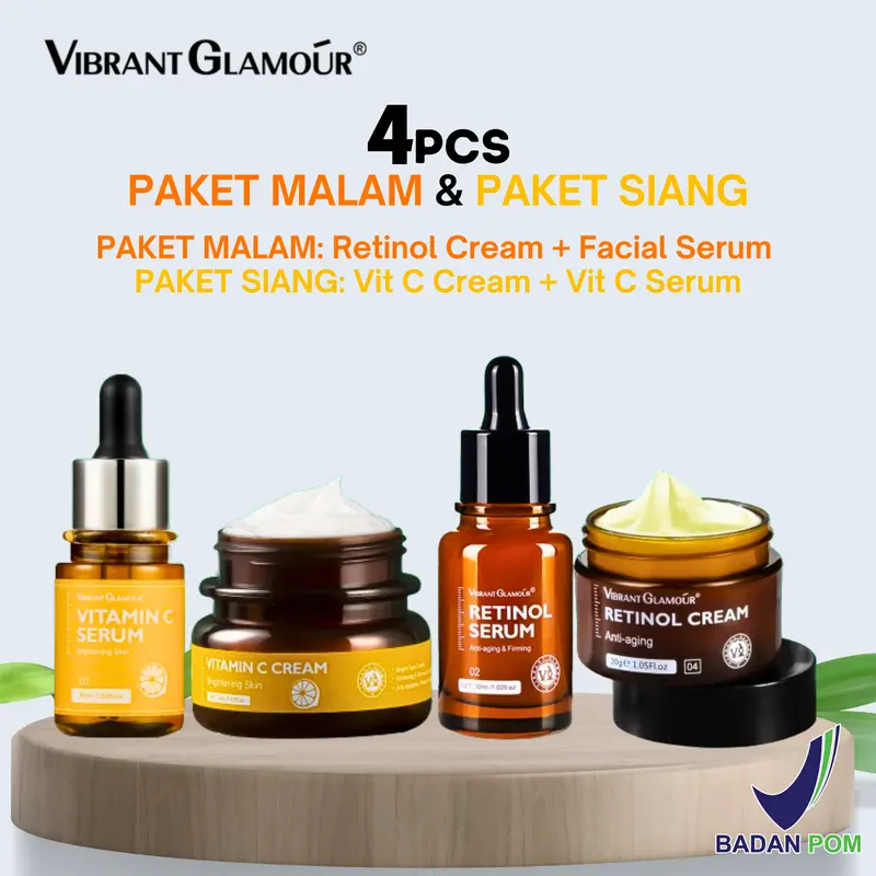 (ISI 4pcs) PAKET Siang dan Malam (Retinol Cream, Retinol Serum, Vitamin C Cream, Vit C Serum) VIBRANT GLAMOUR TERMURAH Memutihkan 0