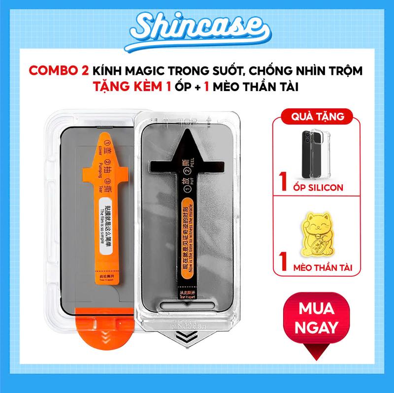 COMBO 2 KÍNH Cường Lực MAGIC Chống Nhìn Trộm 50-4-2 TẶNG 1 ỐP Silicon VÀ 1 Miếng dán MÈO THẦN TÀI - cho iPhone X XS 11 12 13 14 15 16 17 Pro Max