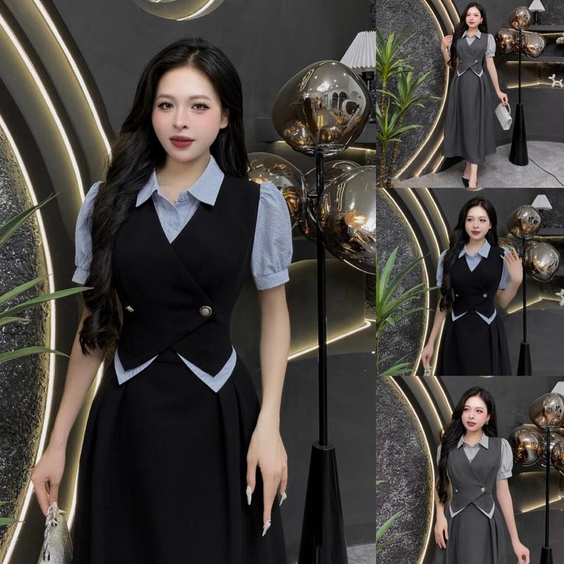 EV60 - Váy Thiết Kế Evii dành cho nữ, Đầm thiết kế cổ đức phối kẻ, đáp chéo trước ngực cách điệu dáng A xoè dài phù hợp đi làm, đi chơi và đi dự tiệc. Có Bigsize Women Dress