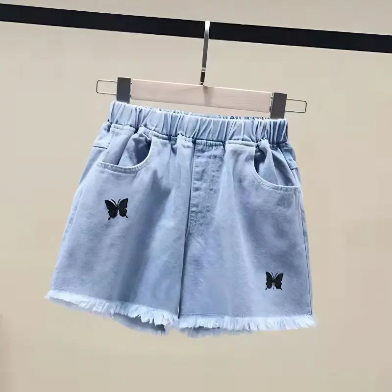 Girls' Denim Shorts 2024 New Korean Style High Waist Thin Shorts for Middle and Big Children and Girls Children Ripped Fashion