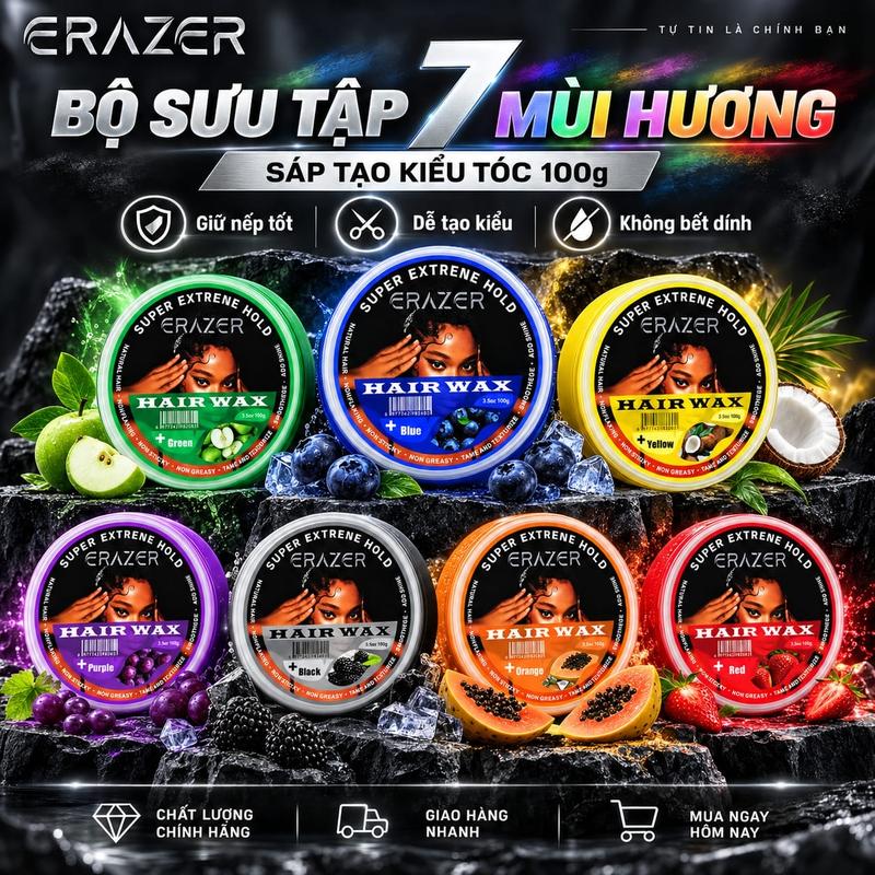 Sáp Vuốt Tóc ERAZER Hair Wax 100g, Chọn 1 Trong 7 Mùi Hương Việt Quất Dừa Táo Xanh Nho Mâm Xôi Đen Đu Đủ Dâu Tây, Sáp Tạo Kiểu Tóc Cho Nam Và Nữ, Giữ Nếp Tốt, Không Bết Dính, Dễ Chỉnh Nếp
