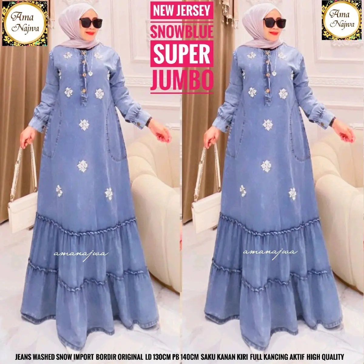 Gamis Jeans Bordir Super Jumbo LD 130cm Kancing Aktif - Dress Muslim Dewasa Maxi Wanita Syari