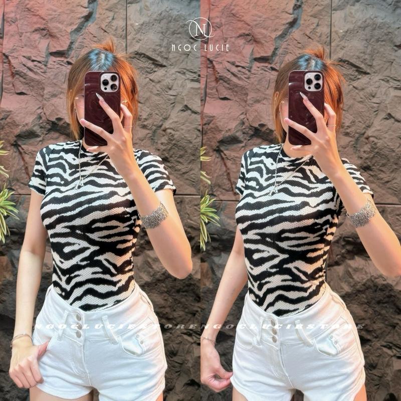 A207 - (MỘT LỚP) Áo Thun Ôm Body Tay Con Vải Xốp Lưới Hoạ Tiết Vằn Basic - Ngọc Lucie