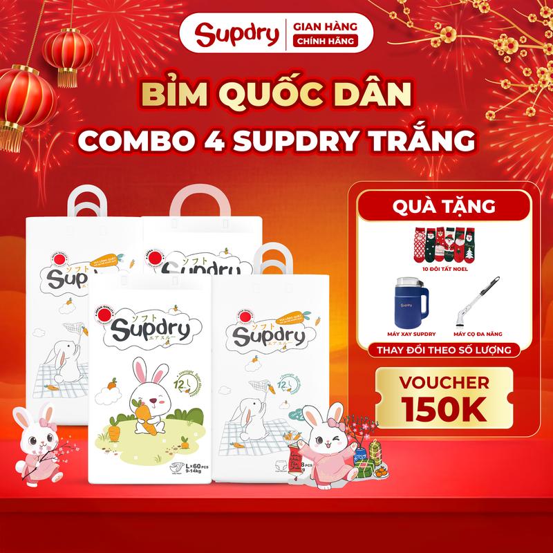 Độc quyền KOC COMBO 4 bịch Tã Bỉm Supdry Bỉm Supdry Trắng Siêu Thấm Hút An Toàn và Khô Thoáng Cho Bé size NB S M L XL XXL XXXL XXXXL cho bé từ 4kg - hơn 20kg + Quà tặng