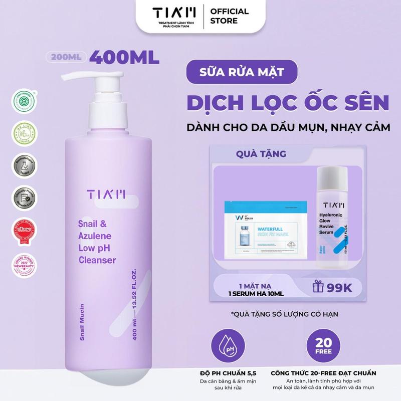 Sữa Rửa Mặt Tinh Chất Dịch Lọc Ốc Sên Hỗ Trợ Làm Sạch Da TIA’M Snail & Azulene Low pH Cleanser 400ml