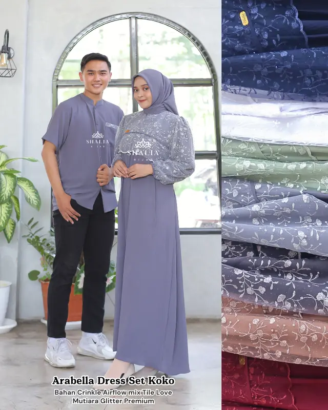 [BELI 1 DAPAT 3] GAMIS COUPLE ARABELLA Dress Set Hijab FREE KOKO & HIJAB | Syari Mewah Lebaran Kondangan Crinkle Airflow Tile Mutiara Glitter By Shalia Hijab 1