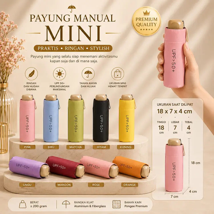 Payung Lipat Mini Kapsul Anti UPF 50+ Parasol Mini Umbrella Portabel Ringan Mudah Dibawa Traveling Gagang Baja Kain Bumber