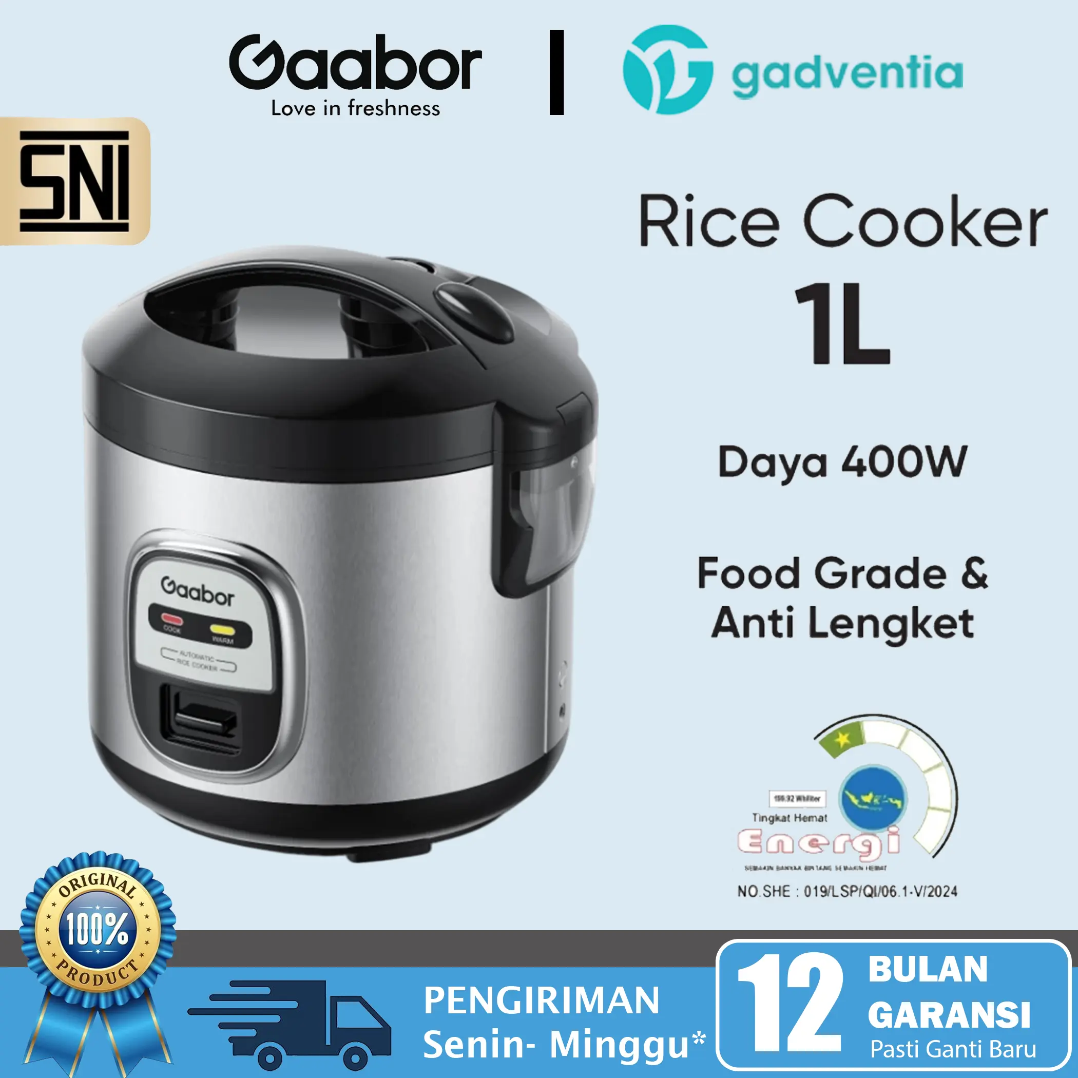 Gaabor Rice Cooker Magic Com 400W 1L Serbaguna Anti Lengket Penghangat Penanak Nasi RC20M-YE01A