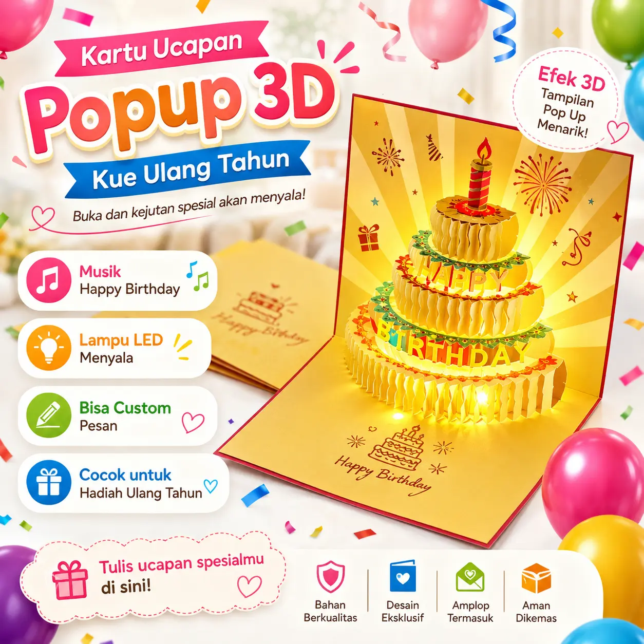 Kartu Ucapan Ulang Tahun Pop Up 3D dengan Lampu LED & Musik Happy Birthday, Bisa Custom Pesan Pribadi, Hadiah Unik Berkesan untuk Pacar, Teman, Keluarga dan Orang Tersayang, cocok untuk surprise ulang tahun