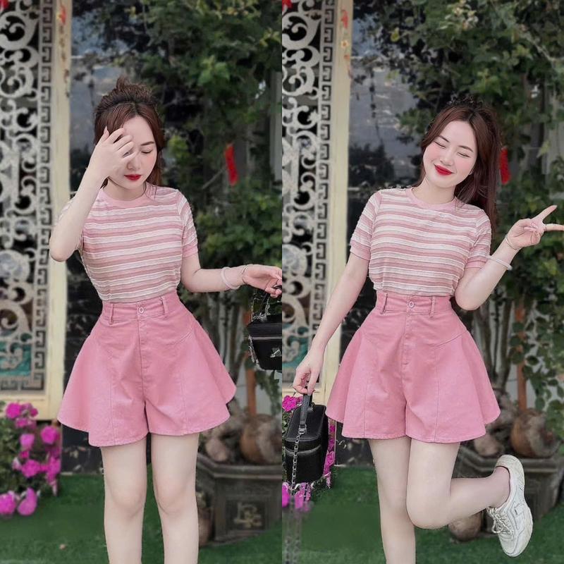  Set bộ nữ tiểu thư màu hồng áo thun from ôm kèm quần kaki dể thương xinh xắn 