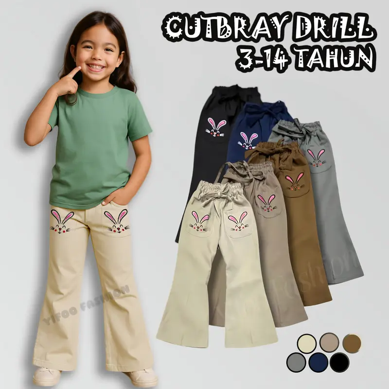 Celana Cutbray Anak Perempuan Usia 5-14 tahun Model Kantong Bordir Rabbit - YIFOO FASHION 0
