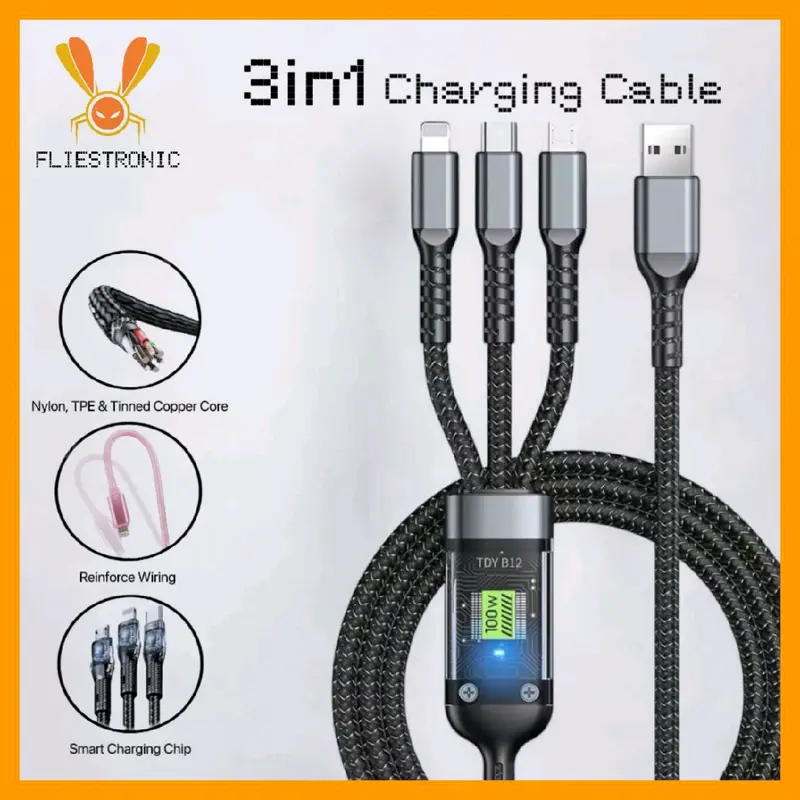 COD FLIESTRONIC Cable Charger 3in1  / Cable Type C, Lightning & USB/ Pengisi Daya Kabel
