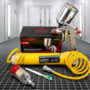 [ YUKIDO ] NEW F75+AIR FILTER Paket tukang cat Semprotan cat/ Spet /Spray Gun F75 Tabung Atas/ Spraygun F75 + Selang Recoil Kompresor 4.5m 6M