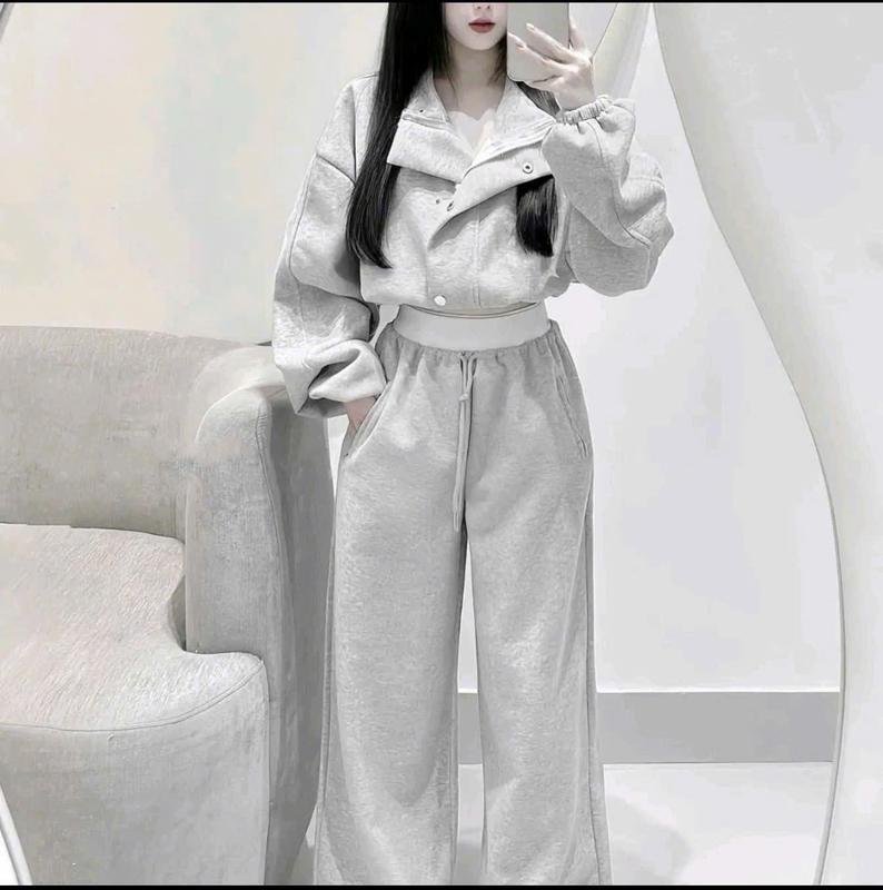 Set bộ nỉ áo khoác khóa dài tay dáng ngắn kèm quần dài ống rộng cá tính, thời trang Women Top