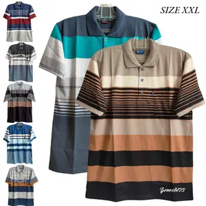 kaos krah pria dewasa saku motif salur ukuran xxl Kancing Kerah Kerja Pendek Baju Santai Garis Katun Polo Stripe Atasan