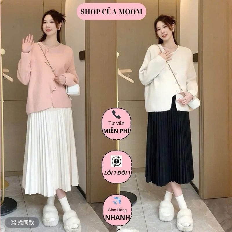 [Nhà Moom] Chân váy bầu dài xếp ly nhỏ, vải Chéo Thái xòe có đáp bụng mềm cottron co dãn