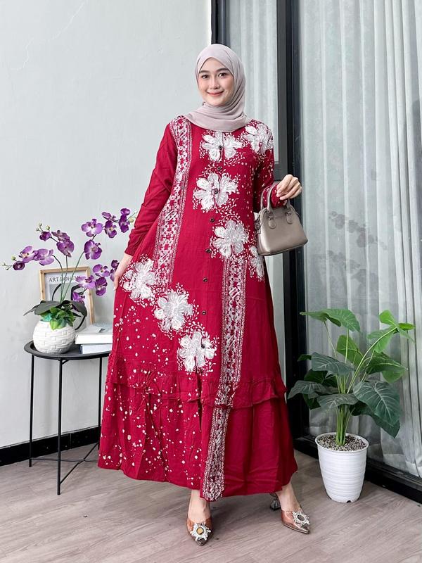 Naya Batik -  Gamis Twill Ori Motif Garis Cap Malaman Bukan Sablon Dress Muslim Wanita Motif Baladewa Hitam Lengan Karet Rempel Bawah Full Kancing Tali Samping Katun Rayon Putih 5