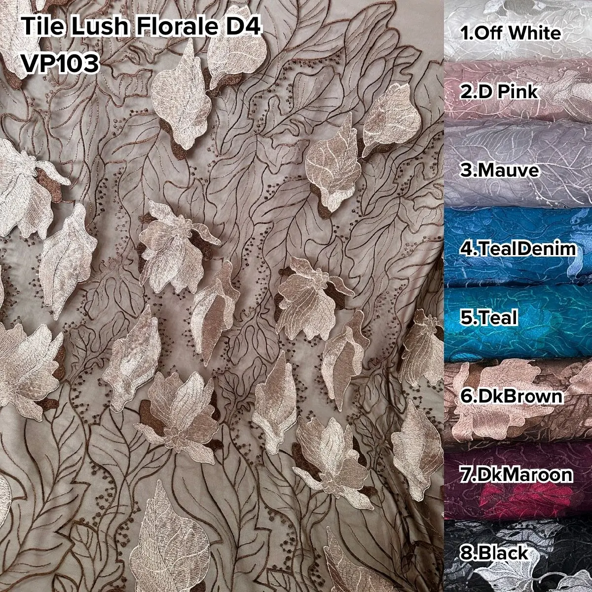 Kain Tile Lush Florale VP103 motif bunga unik cantik bagus untuk seserahan murah mewah elegan (lebar 130cm) cocok untuk pakaian atasan, bawahan, atau dreas