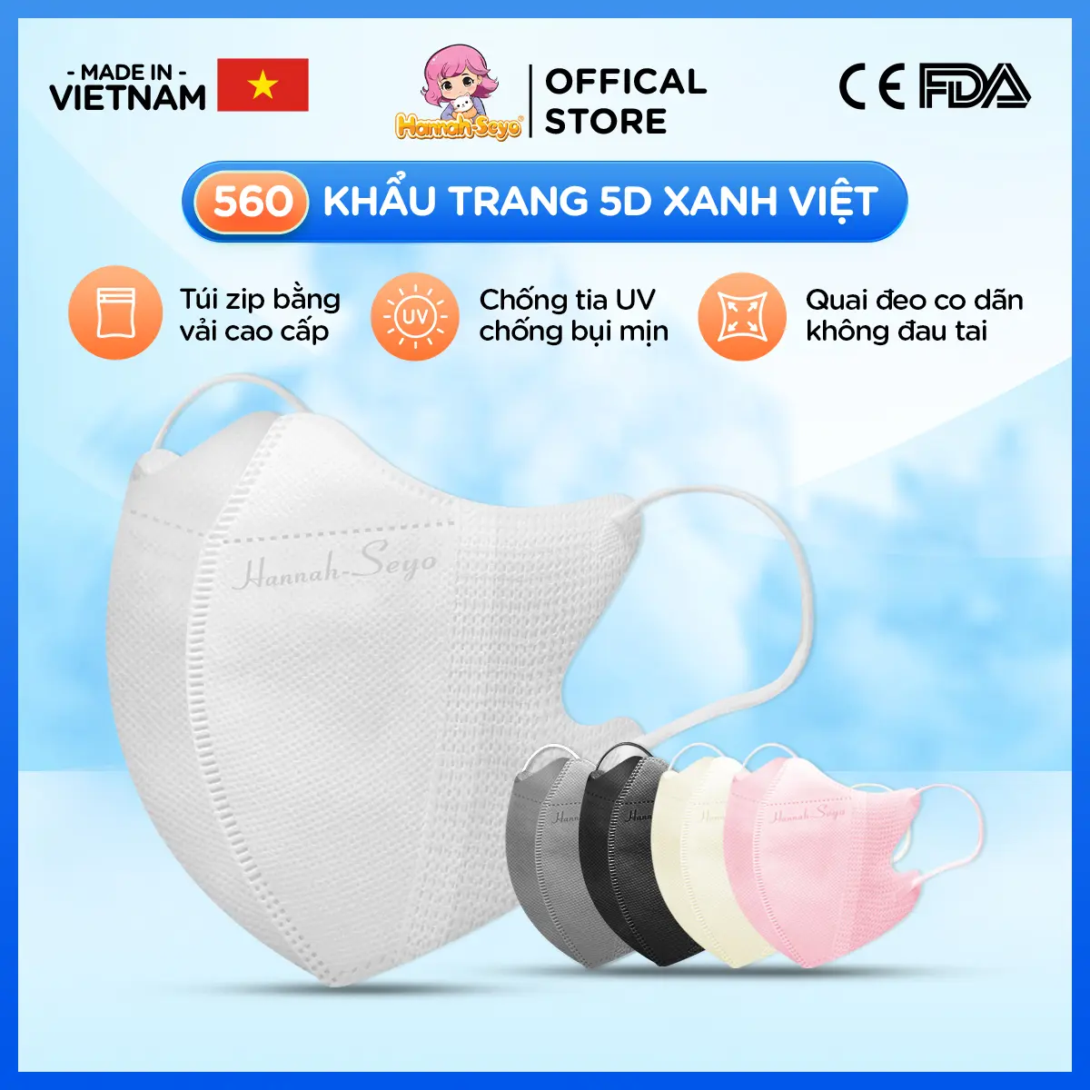 [DEAL TIẾT KIỆM HƠN] Thùng 500c/560c Khẩu trang 5D Xanh Việt HANNAH-SEYO Chống Tia UV & Bụi Mịn 3 Lớp, Túi Zip Cao Cấp, Quai Co Dãn, Khả Năng Lọc 99%