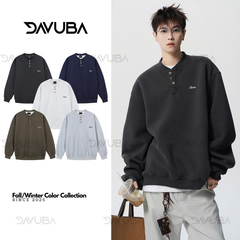 Mở Bán DAVUBA Áo Sweater cổ tròn 3 cúc form rộng nỉ 2 da nam nữ sm156