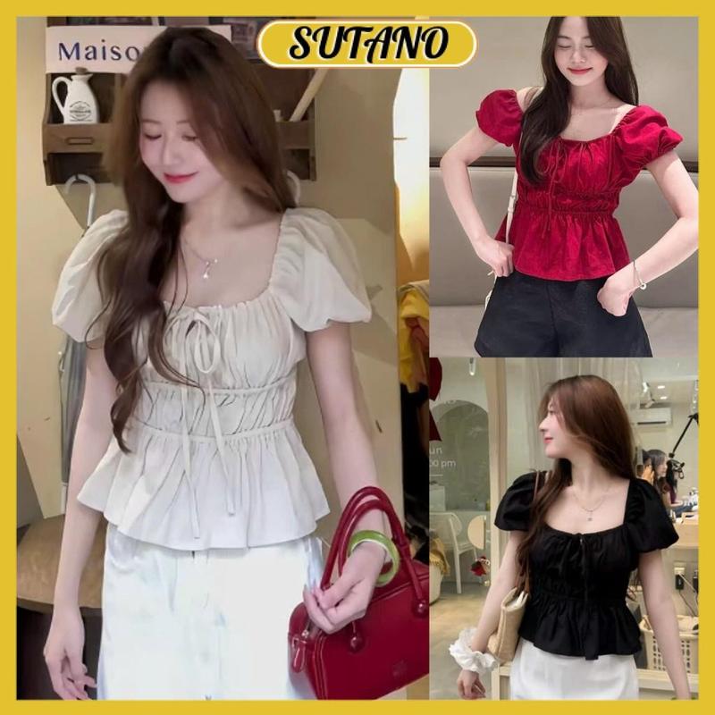 Áo babydoll line kiểu xinh tay phồng tiểu thư bo thân nơ ngực xinh xắn A205 SUTANO