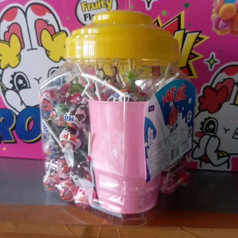 Permen Hotmil pentol isi 100pc bonus gelas,cocok di jual lagi, Rendah gula Candy 3