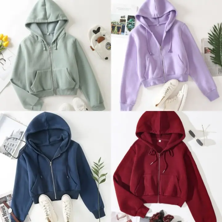 SWEATER CROP ZIPPER HOODIE WANITA FLEECE LEMBUT