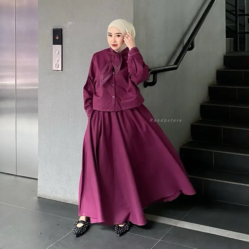 Moira One Set kerah tali - Setelan crop jahitan luar linen Setelan rok dan setelan celana Muslim