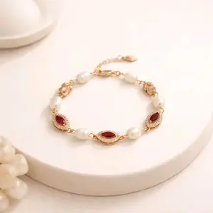 Gelang Mutiara Asli Premium Clover Zircon Elegan Wanita | Bracelet Pearl Luxury Fashion Korea Aesthetic