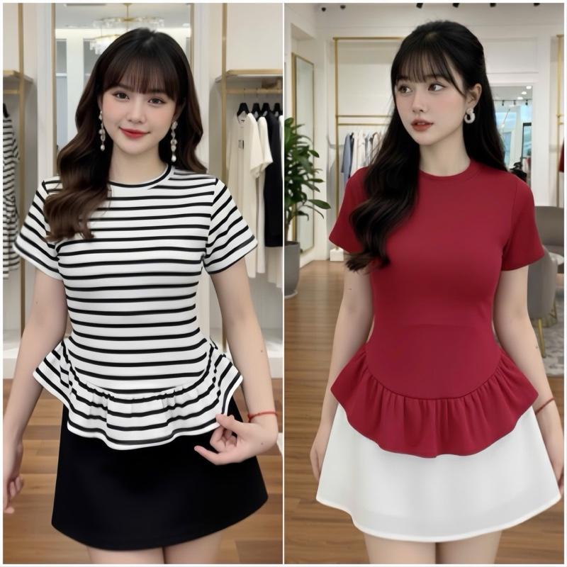  Áo thun tay ngắn vạt phối bèo xinh xắn 1521 bigsize 45-85kg chất liệu thun ruby sọc và thun tăm trơn co giãn tốt dễ phối đồ L3 