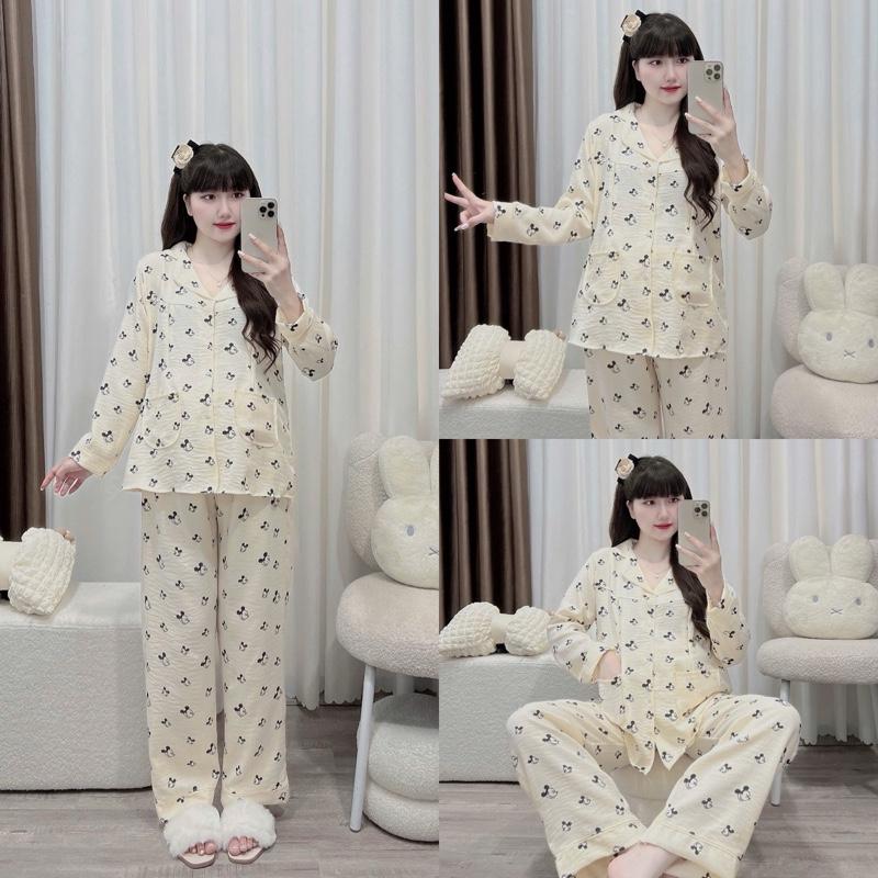 Mẹ Dứa BỘ Pijama đồ Bầu và Sau Sinh chất đũi vân mây mềm mịn họa tiết xinh xắn Free Size 45-70kg dành cho mẹ bầu