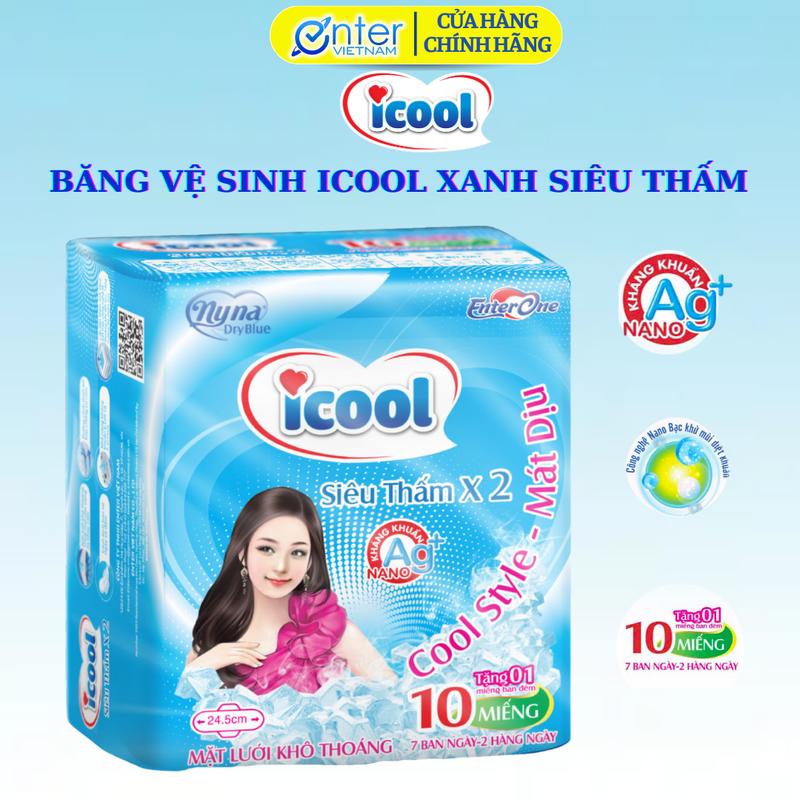 Băng Vệ Sinh ICOOL Siêu Thấm Xanh  Gói 10 Miếng - BVS Ban Ngày Có Cánh, MẶT LƯỚI siêu thấm khô thoáng, Bạc Hà MÁT DỊU Nữ Tampon