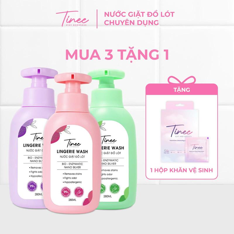 [MUA 3 TẶNG 1] Combo 3 Nước Giặt Đồ Lót Chuyên Dụng Tinee - Nano Bạc Hạn Chế Nấm Khuẩn (280ml/ chai)) + Tặng 1 hộp khăn vệ sinh Phụ Nữ