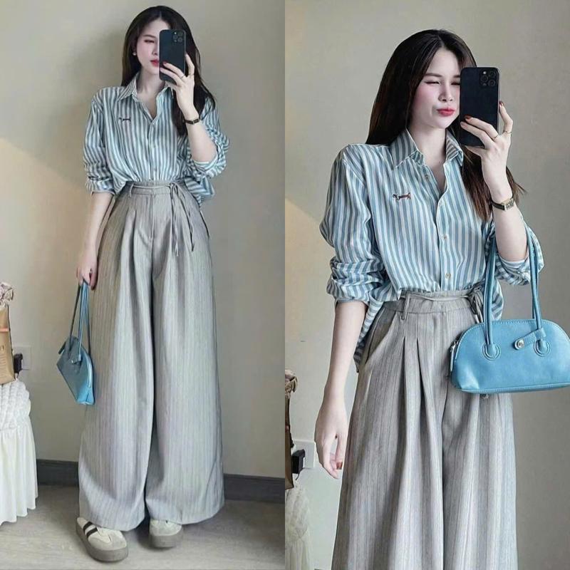  Set Công Sở: Áo Sơ Mi Kẻ Xanh Form Thụng Thêu Chó Đỏ Mix Quần Tây Suông Ống Rộng Xám Sọc Đen Kèm Dây Thắt Nơ Eo 