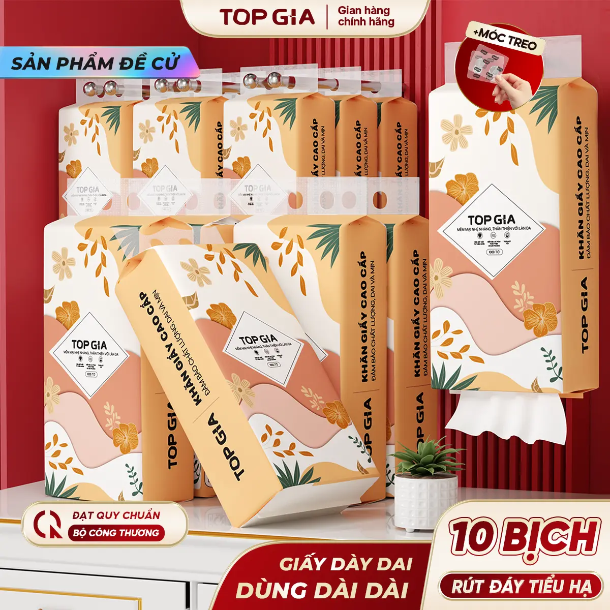 [SIÊU MỀM MỊN - TIẾT KIỆM] DEAL Thùng 10 Bịch Khăn Giấy Tiểu Hạ TOP GIA 4 Lớp Mềm Mịn, Thành Phần Bột Gỗ Tự Nhiên Thân Thiện An Toàn, Khăn Giấy Vệ Sinh 1000 tờ, Tặng 3 móc treo Giấy Vệ Sinh giấy rút đa năng treo tườngĐẠT QUY CHUẨN CỦA BỘ CÔNG THƯƠNG VTG86