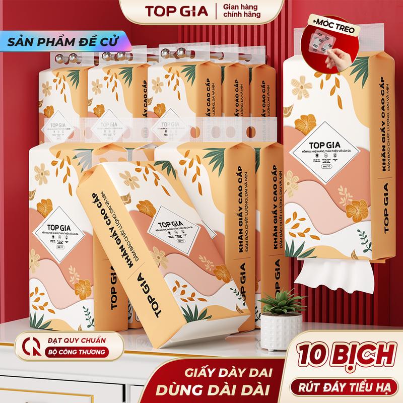 DEAL Thùng 10 Bịch Khăn Giấy Tiểu Hạ TOP GIA 4 Lớp Mềm Mịn, Thành Phần Bộ