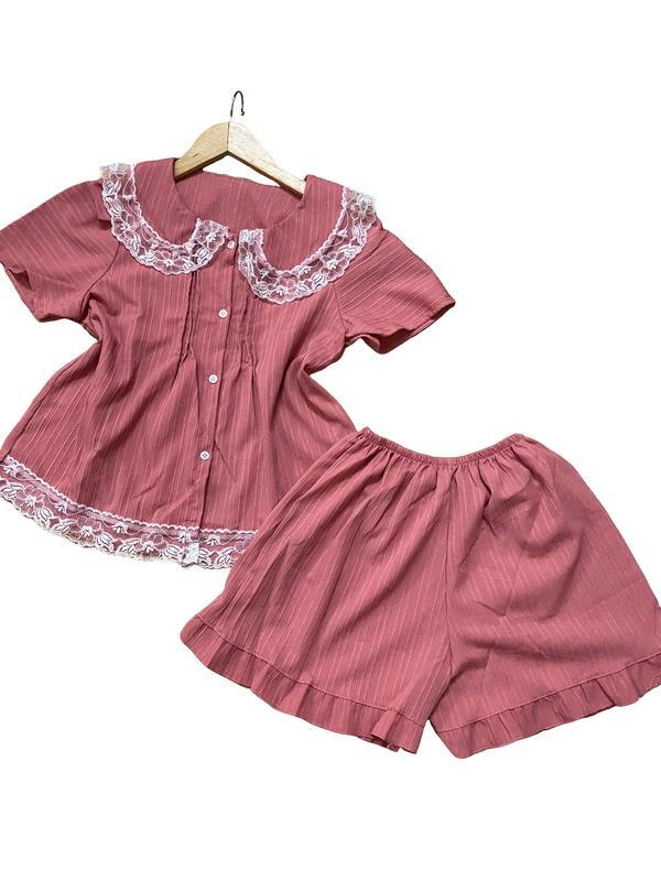 Bộ Đồ Ngủ Nữ Pha Ren Siêu Xinh Chất Đũi Xốp Mềm Mại Sét Pyjama Mặc Nhà Tiểu Thư với Nơ Trang Trí Size 40-57kg Thoải Mái Sang Chảnh