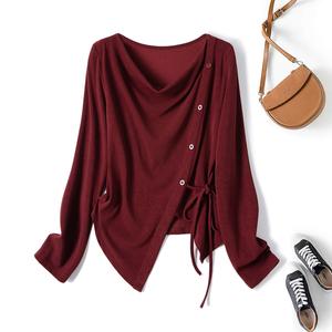 Kemeja-T Beropol, Gaya Musim Luruh Baharu, Saiz Besar, Sesuai Sedikit Gemuk, Fesyen, Kolar Tidak Teratur, Gaya Perancis, Atas Bertali Elegan, 80207