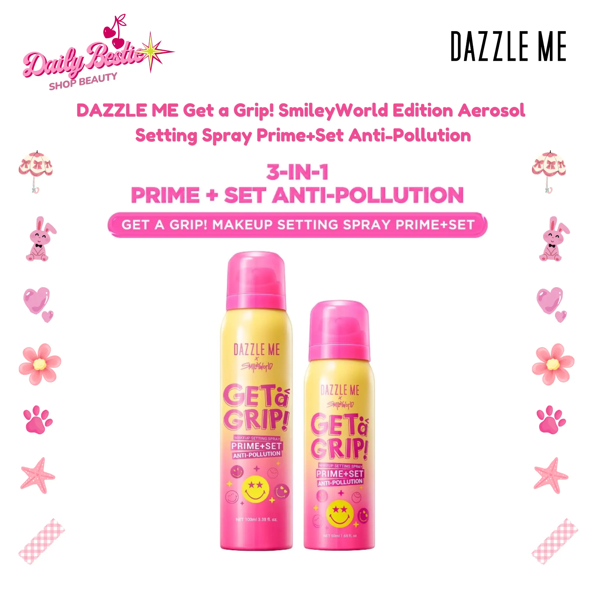 DAZZLE ME Get a Grip! SmileyWorld Edition Aerosol Setting Spray Prime+Set Anti-Pollution 3in1 Primer Set Protect untuk Makeup Flawless dan Tahan Lama Wajah, Kering