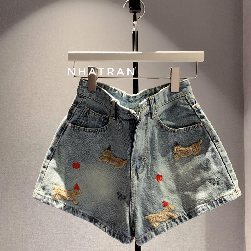 [KO DÃN PHOM A] Quần short jean nữ xanh bụi thêu họa tiết cạp cao lai to Pants Denim Women X271