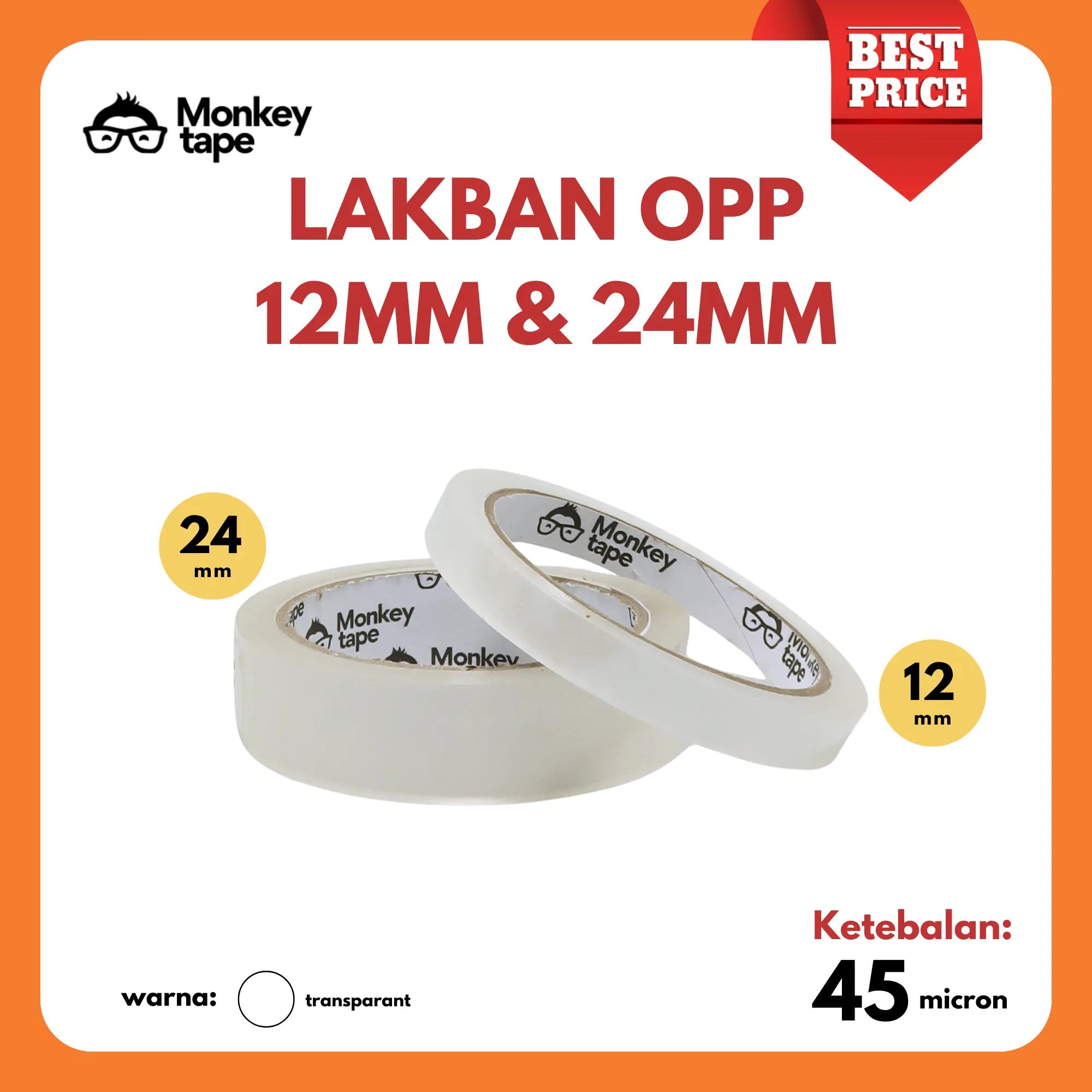 Lakban OPP 12MM & 24MM Transparant merk MONKEY TAPE Packing Multifungsi Tebal Lengket bahan Plastik