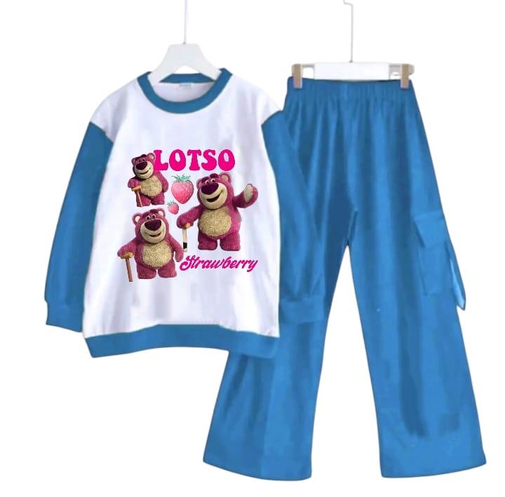 Setelan anak celana cargo karakter Lotso Bear Strawberry bahan crinkle kekinian setelan kaos panjang anak perempuan setelan  anak Setelan Baju 3