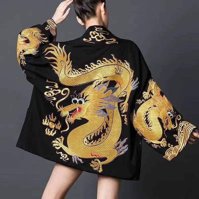 2024 Autumn New Women's Plus Size Chinese Style Improved Hanfu Jacket Big Gold Dragon Pattern Printed Dragon Robe Women's jacket jacket Women's cardigan Chinese style unique loose large jacket