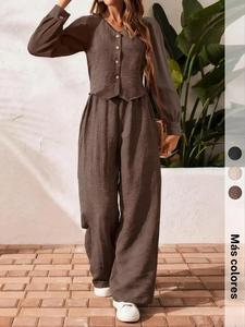 Conjunto de moda para mujer de color sólido con top y parte inferior casual, conjunto de dos piezas para damas, ropa elegante y cómoda para uso diario