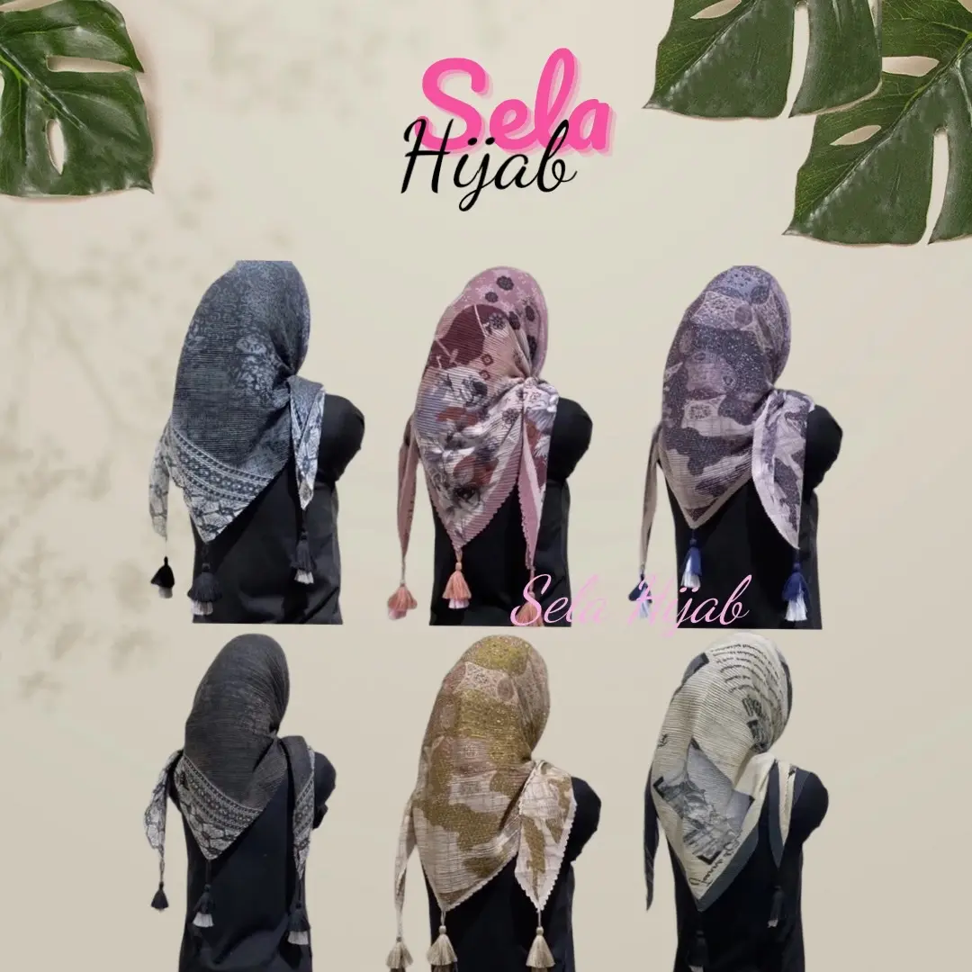 Hijab Segi Empat Plisket Motif Random - Premium 115m x 115cm - Muslim, Square Jilbab Voal Banyak Warna Hitam