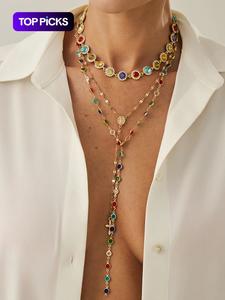 Set de Collares de Cadena de Aleación Estilo Boho para Mujer, Joyería con Colgante de Cristal Colorido para Mujeres, Ideas para Uso Diario Casual y Regalos de Vacaciones