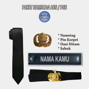 Paket lengkap Nametag ASN/PNS papan nama dada Lencana Korpri Kuningan (Sabuk Korpri, Dasi Hitam, Nametag & Pin Korpri)
