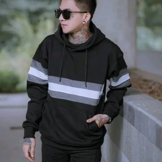 Hoodie pria list abu terbaru fleece