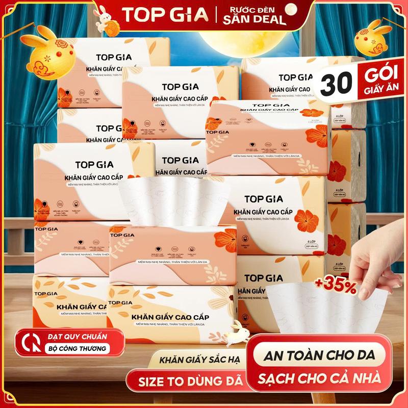 KHĂN GIẤY GÓI LỚN - DAI MỊN COMBO THÙNG 30 Gói Khăn Giấy Sắc Hạ 140x170mm TOPGIA Bản To khăn giấy cao cấp Top Gia giấy ăn 4 lớp dập vân 4D bền chắc mềm mịn khăn giấy vệ sinh ĐẠT QUY CHUẨN CỦA BỘ CÔNG THƯƠNG VTG83