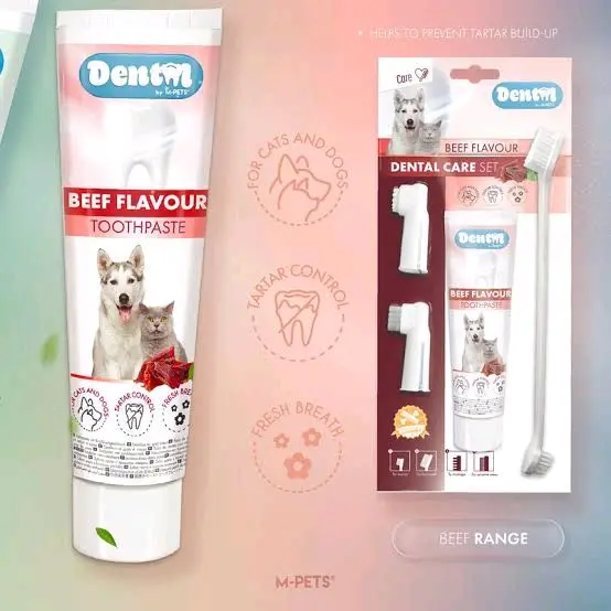 Mpets Dental Set BEEF - Sikat Gigi Hewan Anjing & Kucing dengan Toothpaste Rasa Beef untuk Kesehatan Mulut Optimal